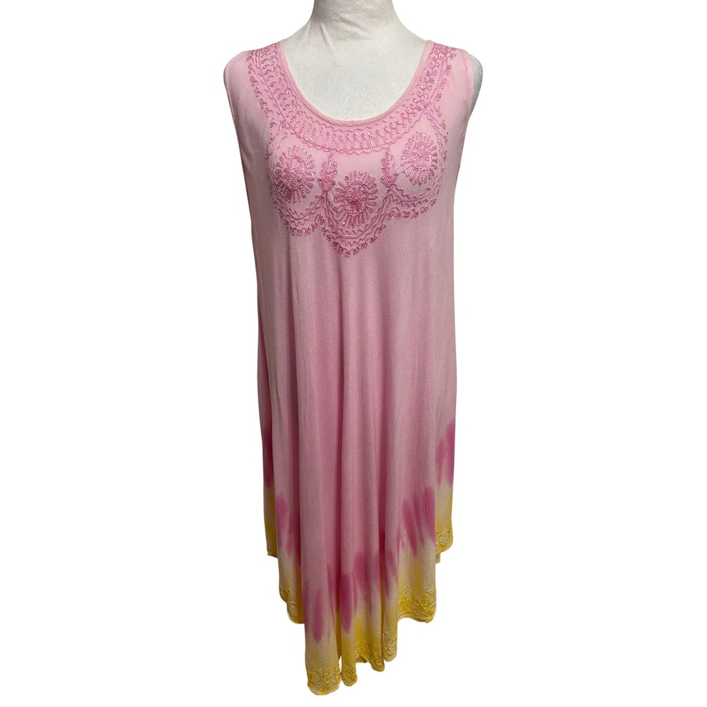Embroidered Boho Midi Dress Cover Up Womens L Pink Tie Dye Hippie Festival Beach